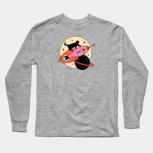 Space Walker Black Cat in pink Long Sleeve T-Shirt